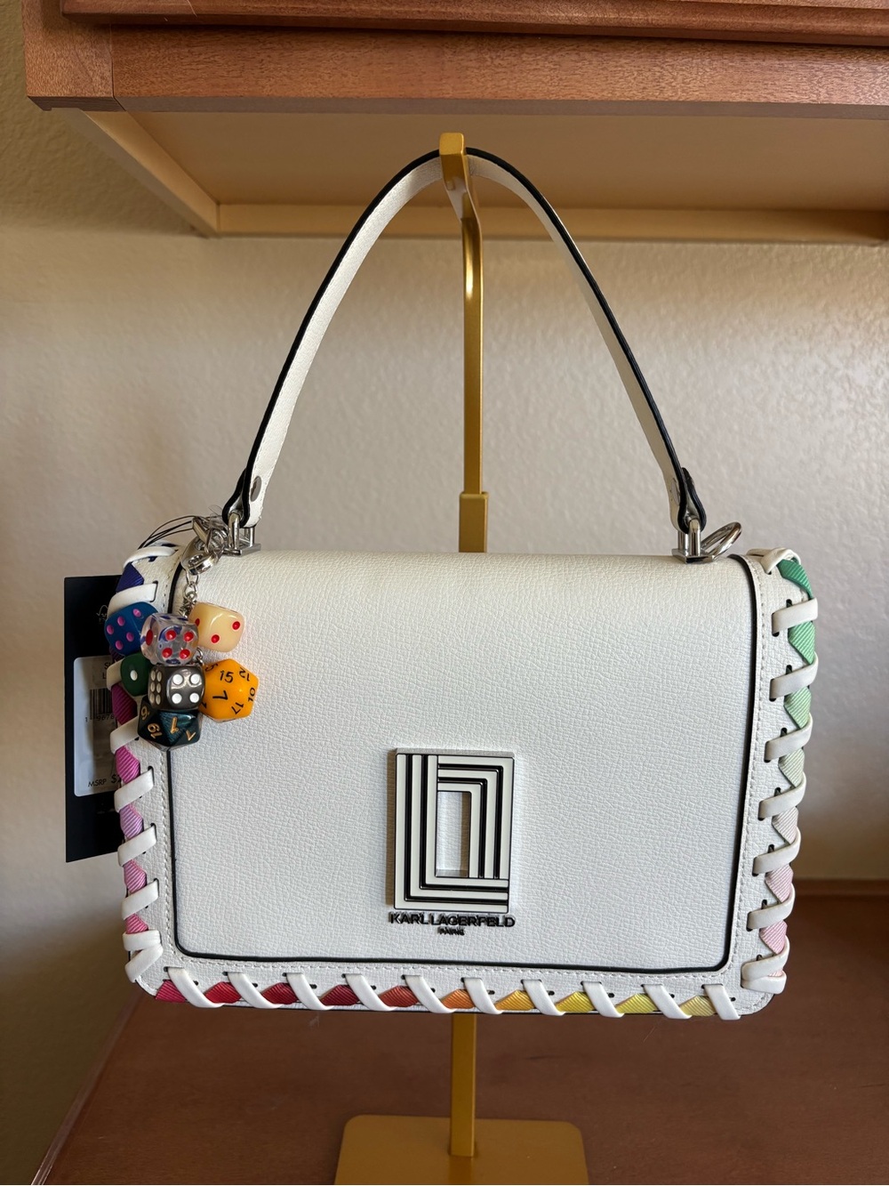 Karl Lagerfeld White Top-Handle Bag with Color-Trim Whipstitch w/Free Bag Charm